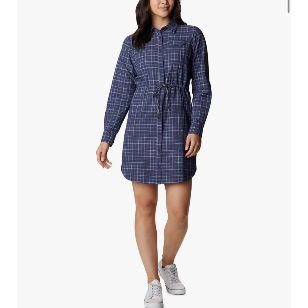 Columbia Women's Silver Ridge Novelty Dress Navy Blue Plaid Shirtdress Size M